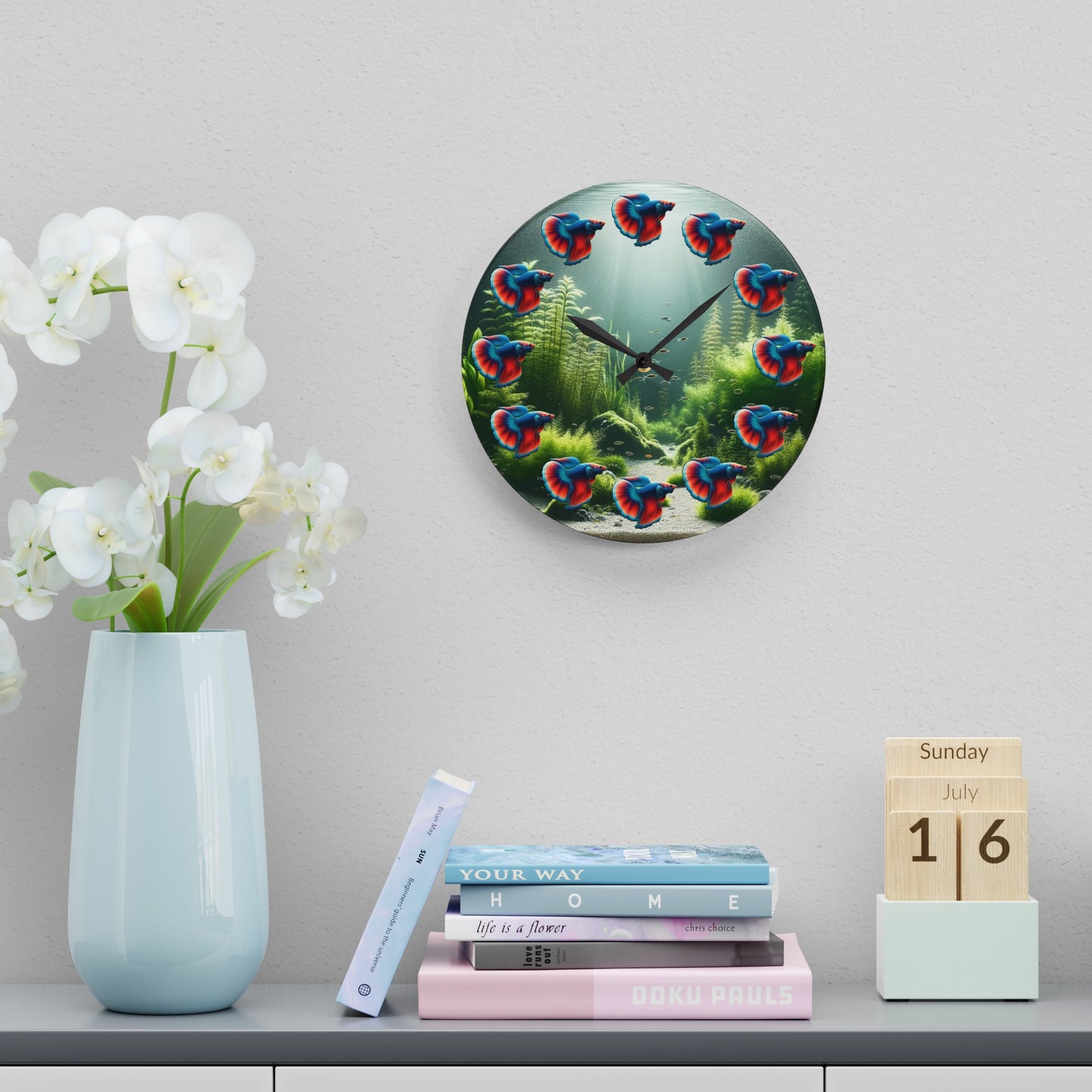 Red And Blue Betta Fish Acrylic Wall Clock