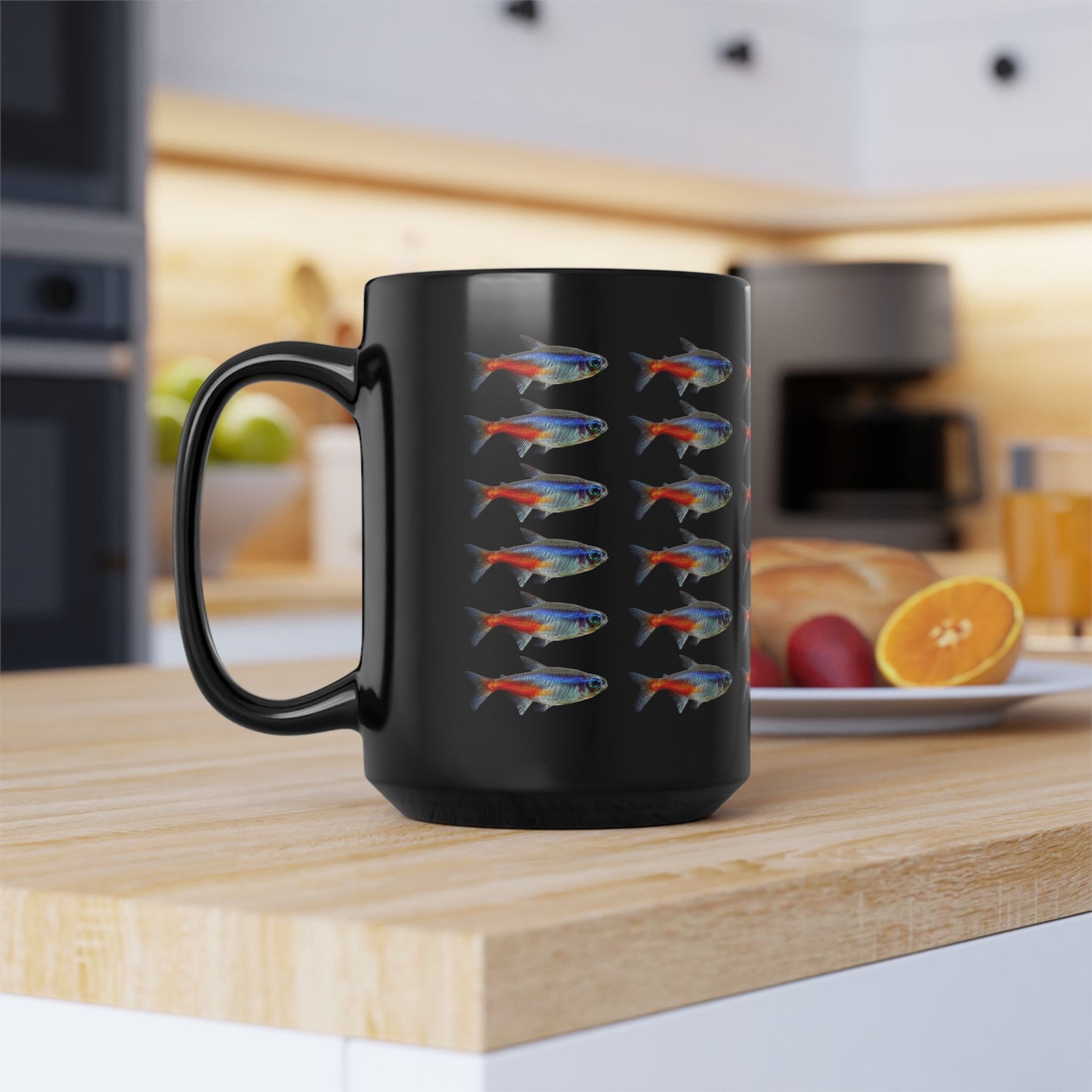 30 Neon Tetras Black Ceramic Mug 15oz