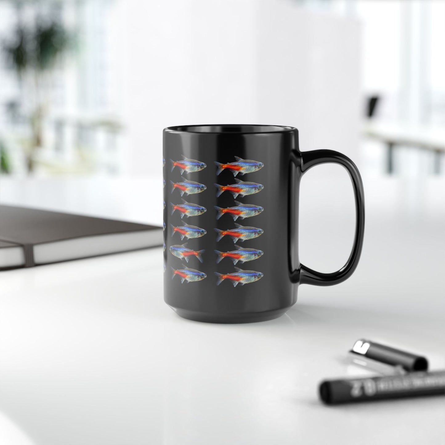 30 Neon Tetras Black Ceramic Mug 15oz